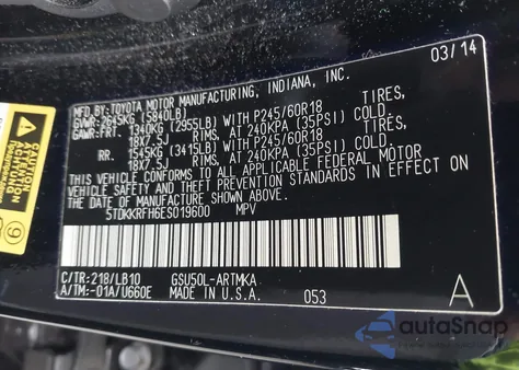 2014 Toyota Highlander Xle V6 z USA, uszkodzony, nr VIN 5TDKKRFH6ES019600